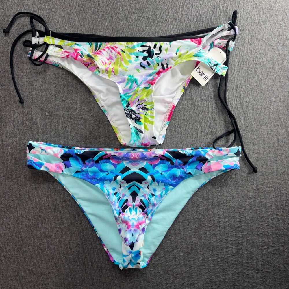 Bar III Lot of 2 Tropical Bikini Bottoms XL Floral Side Tie Cut Out Blue White
